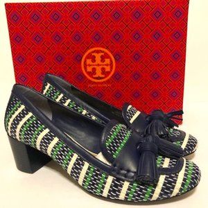 LAST CHANCE Tory Burch Navy/Green/White Samford Tassel Heeled Loafer 6.5